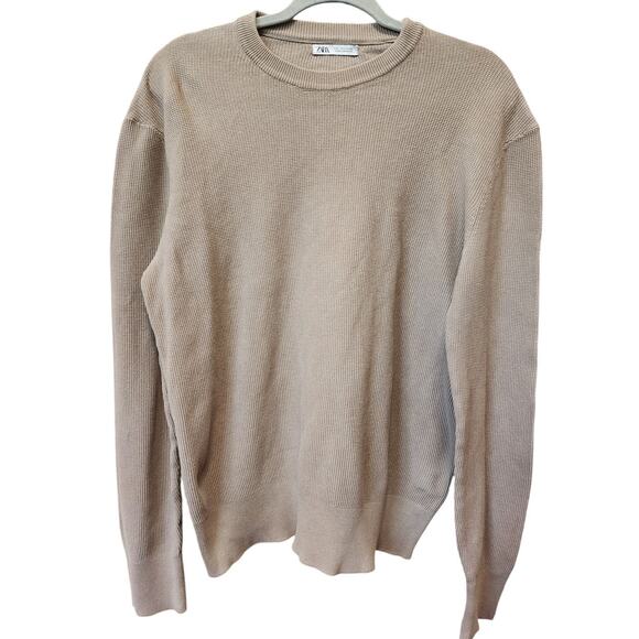 ZARA Size Large Tan Waffle Knit Crew Neck Sweater Top EUC - Picture 1 of 3